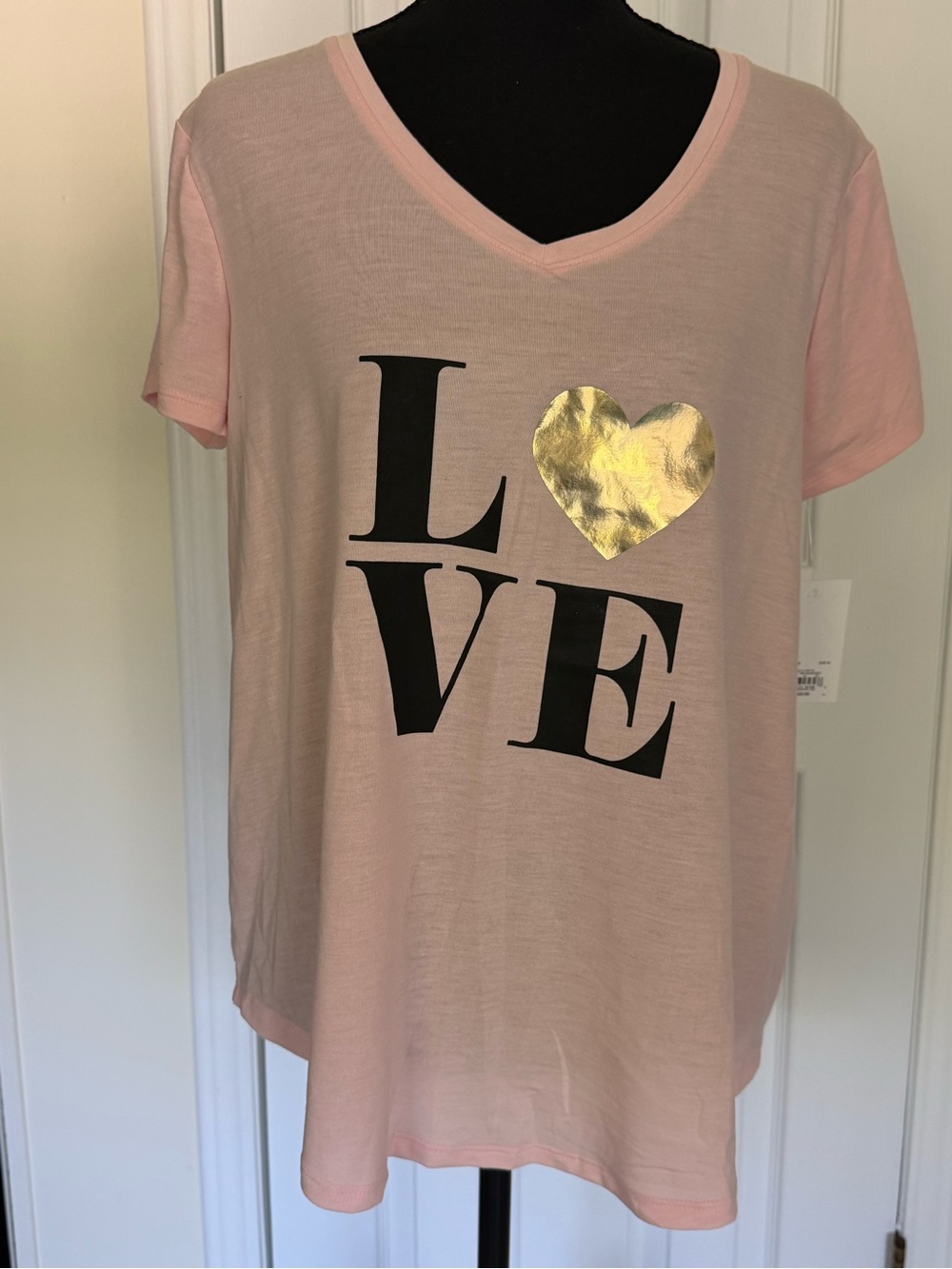 Celebrate Together Women's Pink LOVE Graphic V-Neck Tee with Gold Heart Size M